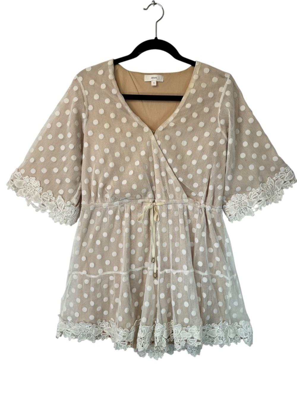 Aéom Black White Polka Dot V Neck Lace Trim Romper Short Sleeve Small